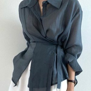Plain Regular Fit Lace-Up Urban Shirt, Blouses and Shirts, color:As Picture|size:XXL, Stylewe