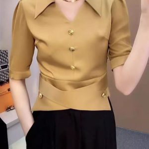 Shirt Collar Elegant Regular Sleeve Blouse, Blouses and Shirts, color:Khaki|size:XXL, Stylewe