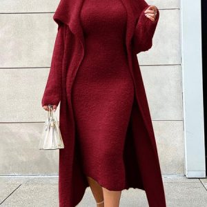 Sleeveless Plain Elegant Sweater Midi Dress With No Belt, Midi Dresses, color:Crimson|size:XXL, Stylewe