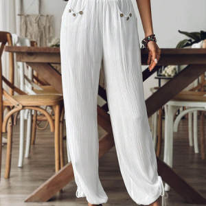 Casual Plain Long Elastic Waist Buckle Pant, Pants, color:White|size:XXL, catalog Noracora shop