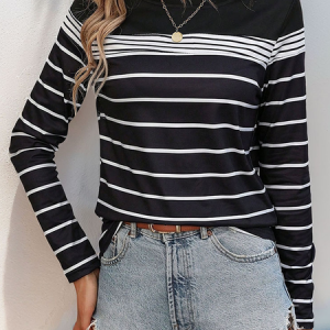 Casual Striped Crew Neck Long Sleeve T-shirt, T-shirts, color:Black|size:XL, catalog Noracora shop