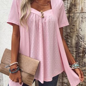 V Neck Short Sleeve Plain Buckle Regular Micro-Elasticity Loose Mock Two-Piece Shirt For Women, Blouses, color:Pink|size:XXL, catalog Noracora shop