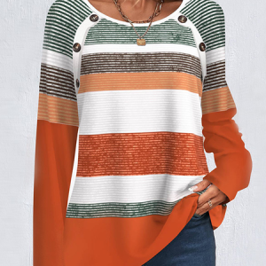 Crew Neck Long Sleeve Striped Regular Loose Blouse For Women, Blouses, color:Multicolor|size:5XL, catalog Noracora shop