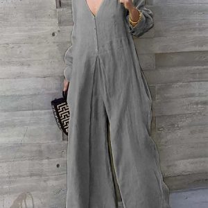Women Long Sleeve V Neck Regular Fit Long Daily Casual Plain Natural Jumpsuit, Jumpsuits&Rompers, color:Gray|size:5XL, catalog Noracora shop