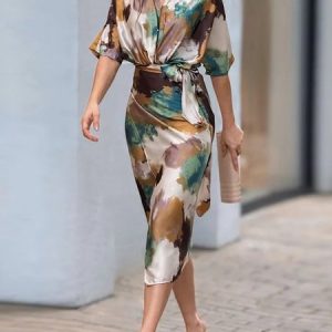 V Neck Regular Fit Abstract Elegant Half Sleeve Dress, Midi Dresses, color:As Picture|size:XXL, Stylewe