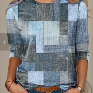 Casual Plaid Crew Neck Long Sleeve T-shirt, T-shirts, color:Blue|size:5XL, catalog Noracora shop