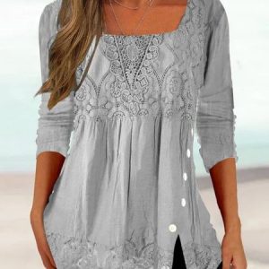 Square Neck Long Sleeve Plain Lace Regular Micro-Elasticity Loose Blouse For Women, Blouses, color:Gray|size:XXL, catalog Noracora shop
