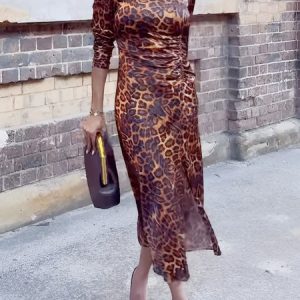 Regular Sleeve Tight Leopard Printing Urban Dress, Maxi Dresses, color:Leopard|size:XXL, Stylewe