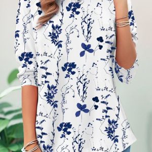 Casual Floral Crew Neck Long Sleeve T-shirt, T-shirts, color:white-blue|size:XXL, catalog Noracora shop