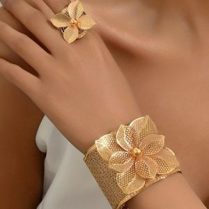 2pcs/set Exquisite Hollow Out Flower Beaded Cuff Bangle and Ring, Necklace, color:Golden|size:One-size, catalog Noracora shop