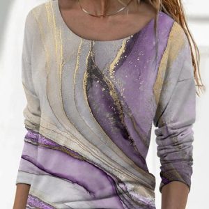 Casual Abstract Crew Neck Long Sleeve T-shirt, T-shirts, color:Purple|size:3XL, catalog Noracora shop
