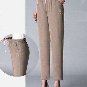 Casual Plain Ankle Pants Elastic Waist Pant, Pants, color:Khaki|size:5XL, catalog Noracora shop