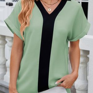 V Neck Short Sleeve Color Block Regular Loose Shirt For Women, Blouses, color:Green|size:XXL, catalog Noracora shop