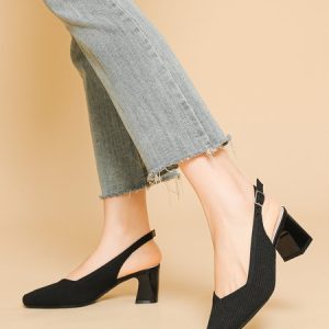 Minimalist Breathable Mesh Fabric Block Heel Slingback Pumps, Heels, color:Black|size:43, Stylewe