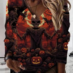 Casual V Neck Halloween Sweatshirt Printing, Hoodies & Sweatshirts, color:Multicolor|size:XXL, catalog Noracora shop