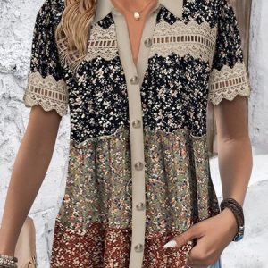 Women Summer Shirt Short Sleeve Floral Regular Loose Blouse, Shirts, color:Black|size:XXL, catalog Noracora shop