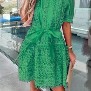Women Plain Stand Collar Short Sleeve Comfy Casual Lace Short Dress, Short, color:Green|size:XXL, catalog Noracora shop