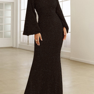 Women Plain Crew Neck Long Sleeve Comfy Sexy Maxi Dress, Dresses, color:Black|size:XXL, catalog Noracora shop