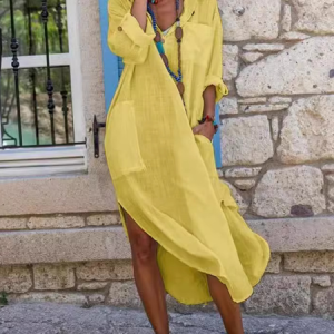 Women Plain Long Sleeve Comfy Casual Buckle Maxi Dress, Maxi, color:Yellow|size:XXL, catalog Noracora shop