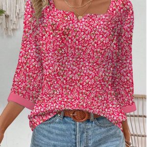 Notched Three Quarter Sleeve Floral Regular Micro-Elasticity Regular Fit Blouse For Women, Blouses, color:Red|size:XXL, catalog Noracora shop