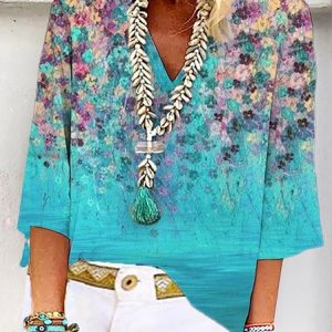 Women's Three Quarter Sleeve Blouse Spring/Fall Floral V Neck Daily Going Out Casual Top, JustFashionNow Shirts, color:Blue|size:XXL,