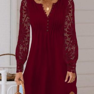 Women Plain V Neck Long Sleeve Comfy Casual Lace Maxi Dress, Dresses, color:Wine Red|size:5XL, catalog Noracora shop