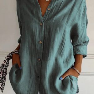 Shirt Collar Long Sleeve Plain Regular Micro-Elasticity Loose Shirt For Women, Shirts, color:Green|size:5XL, catalog Noracora shop