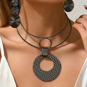 Personalized Geometric Embossed Jewelry Set, Jewelry, color:Black|size:One-size, Stylewe