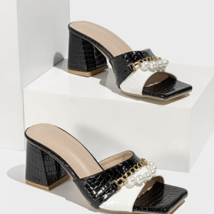 Elegant Pearl Chain Decor Color-block Chunky Heel Mule Sandals, Slippers, color:Black|size:42, Stylewe