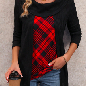 Long Sleeve Plaid Regular Micro-Elasticity Loose Mock Two-Piece Blouse For Women, Blouses, color:Black|size:3XL, catalog Noracora shop