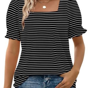 Square Neck Short Sleeve Striped Regular Micro-Elasticity Loose Shirt For Women, Blouses, color:Black|size:XXL, catalog Noracora shop