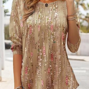 Casual Crew Neck Loose Floral T-Shirt, JustFashionNow T-Shirts, color:Khaki|size:XXL