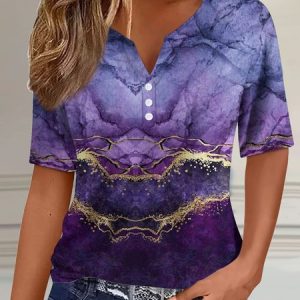 Casual Loose Abstract Notched T-Shirt, T-shirts, Lilicloth.com