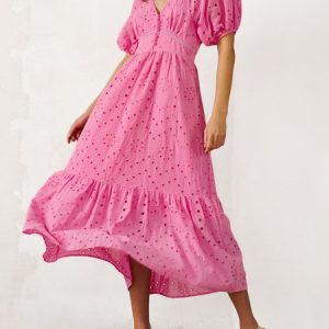 Women Plain V Neck Short Sleeve Comfy Casual Maxi Dress, Midi, color:Deep Pink|size:XL, catalog Noracora shop