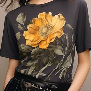 Floral Loose Crew Neck Casual Short Sleeve T-Shirt, Tees, color:Gray|size:XXL, Stylewe