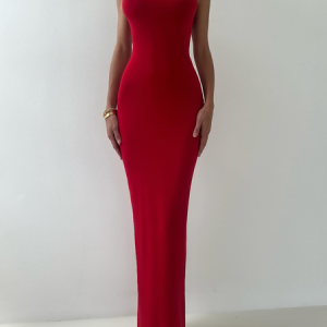 Plus Size Elegant Plain Stand Collar Maxi Dress, Maxi Dresses, color:Red|size:4X, Stylewe