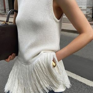Crew Neck Plain Loose Urban Tassel Sweater, Pullovers, color:White|size:XXL, Stylewe