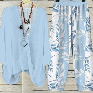 Women's Floral Daily Going Out Two Piece Set Three Quarter Sleeve Casual Spring/Fall Top With Pants Matching Set, JustFashionNow Suit Set, color:Blue|size:XXL,