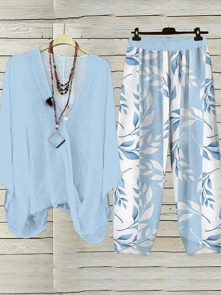 Women's Floral Daily Going Out Two Piece Set Three Quarter Sleeve Casual Spring/Fall Top With Pants Matching Set, JustFashionNow Suit Set, color:Blue|size:XXL,