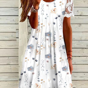 Women Floral Crew Neck Short Sleeve Comfy Casual Midi Dress, Dresses, color:White|size:XXL, catalog Noracora shop