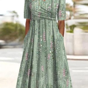 Women Floral Crew Neck Short Sleeve Comfy Casual Maxi Dress, Dresses, color:Green|size:XXL, catalog Noracora shop