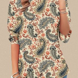Casual Floral Crew Neck Long Sleeve T-shirt, T-shirts, color:Purplish Blue|size:XXL, catalog Noracora shop