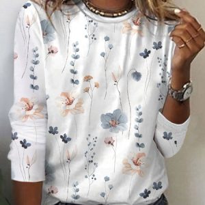 Country Floral Casual Crewneck Knit T-Shirt, JustFashionNow T-Shirts, color:Light Gray|size:XXL,