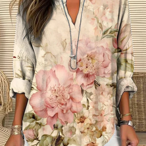 Notched Long Sleeve Floral Regular Loose Shirt For Women, Blouses, color:Apricot|size:XXL, catalog Noracora shop