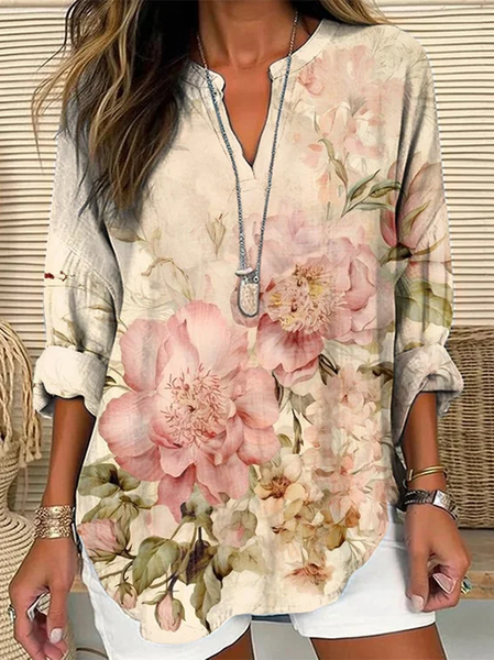 Women's Long Sleeve Blouse Spring/Fall Floral Notched Daily Going Out Casual Top Apricot, JustFashionNow Shirts & Blouses, color:Apricot|size:XXL,