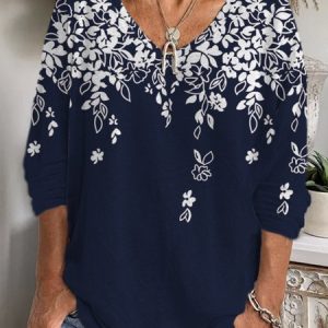 Casual Floral V Neck Long Sleeve T-shirt, T-shirts, color:Blue|size:XXL, catalog Noracora shop