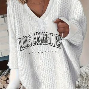 Casual V Neck Text Letters Sweatshirt, Hoodies & Sweatshirts, color:White|size:3XL, catalog Noracora shop