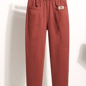 Casual Plain Long Elastic Waist Pocket Stitching Pant, Pants, color:Red|size:3XL, catalog Noracora shop