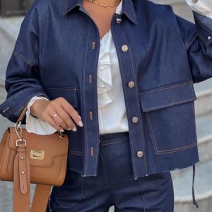 Daily Casual Loose Plain Pockets Denim Coat, Jackets, color:Blue|size:XXL, Stylewe