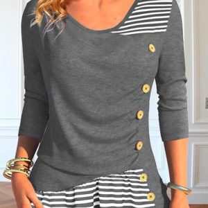 Crew Neck Long Sleeve Striped Regular Micro-Elasticity Loose Blouse For Women, Blouses, color:Gray|size:XXL, catalog Noracora shop
